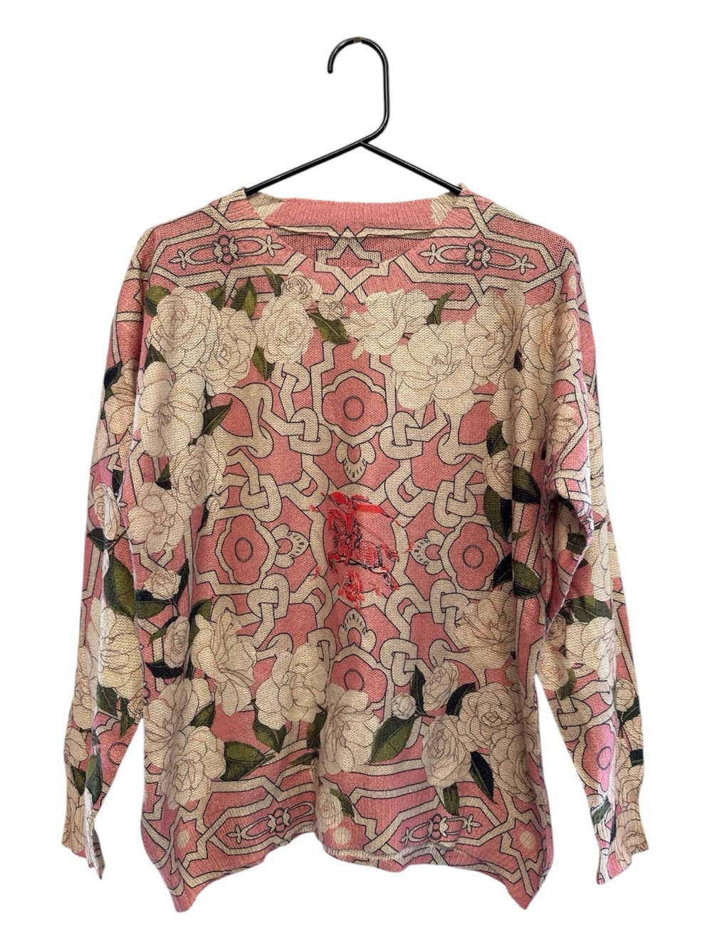 Unbranded Pink & White Floral Crewneck Sweater w/ Rose Knight Detail Medium